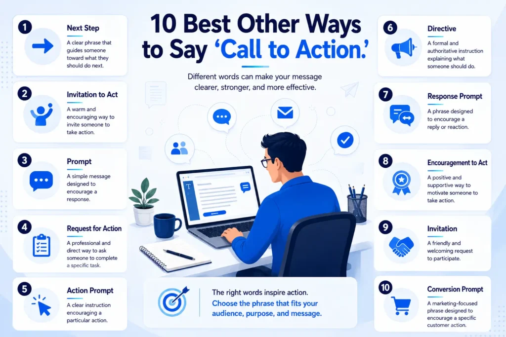 Infographic showing 10 best alternatives to the phrase call to action for different communication situations.