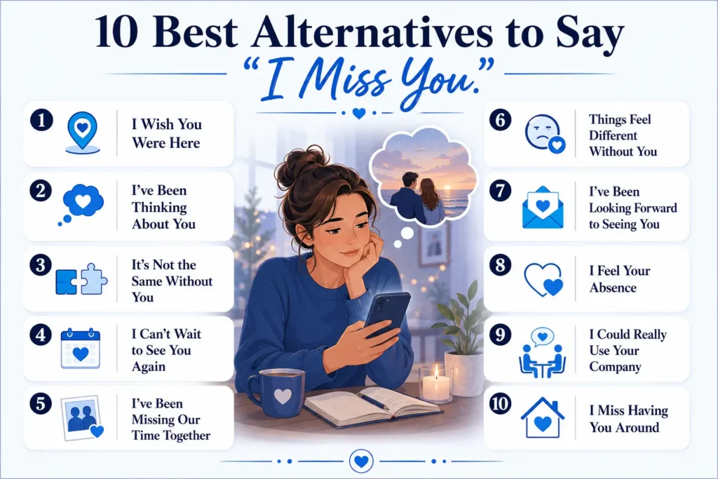 Infographic showing 10 natural alternatives to say “I miss you” in romantic, friendly, and personal situations.