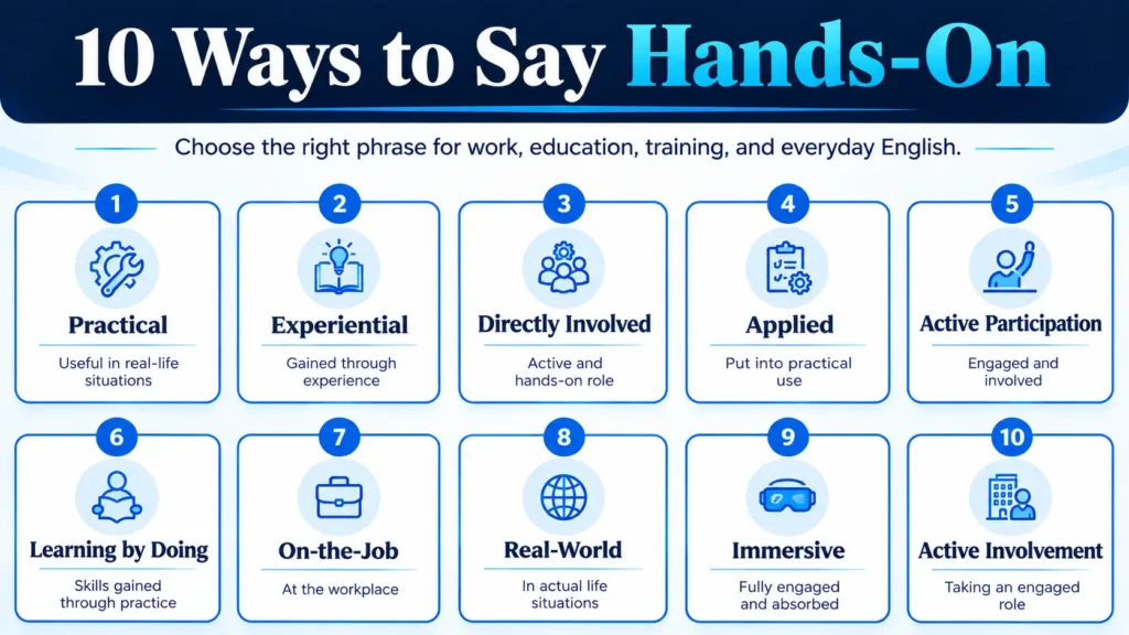 10 alternatives to hands-on including practical, experiential, applied, real-world, and active involvement