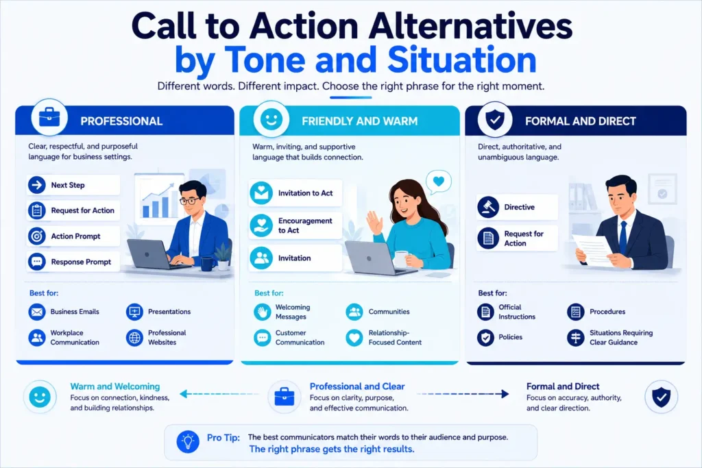 Comparison infographic showing call to action alternatives for professional, friendly, warm, formal, and direct communication.