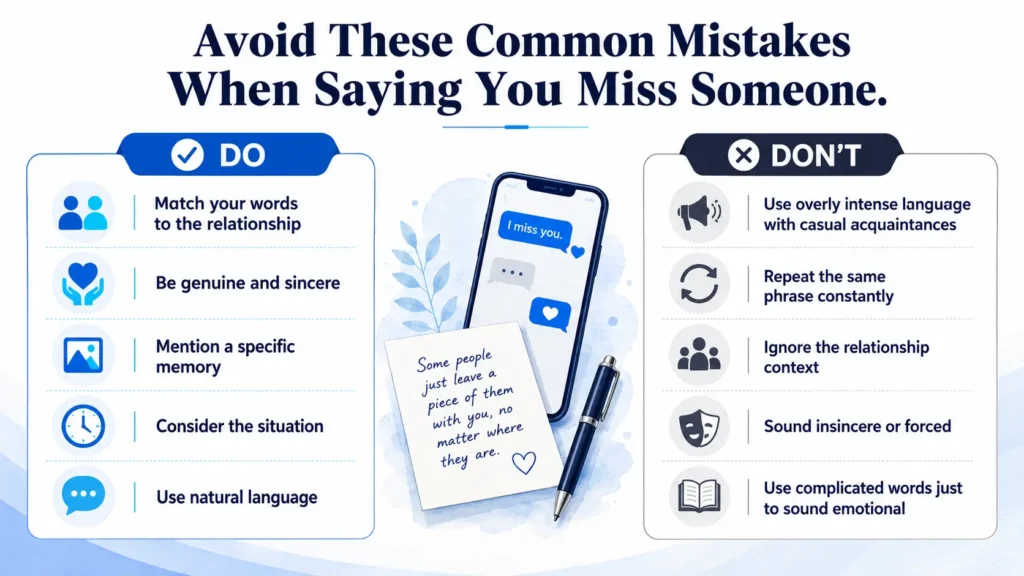 Do’s and don’ts infographic for expressing that you miss someone naturally and sincerely.