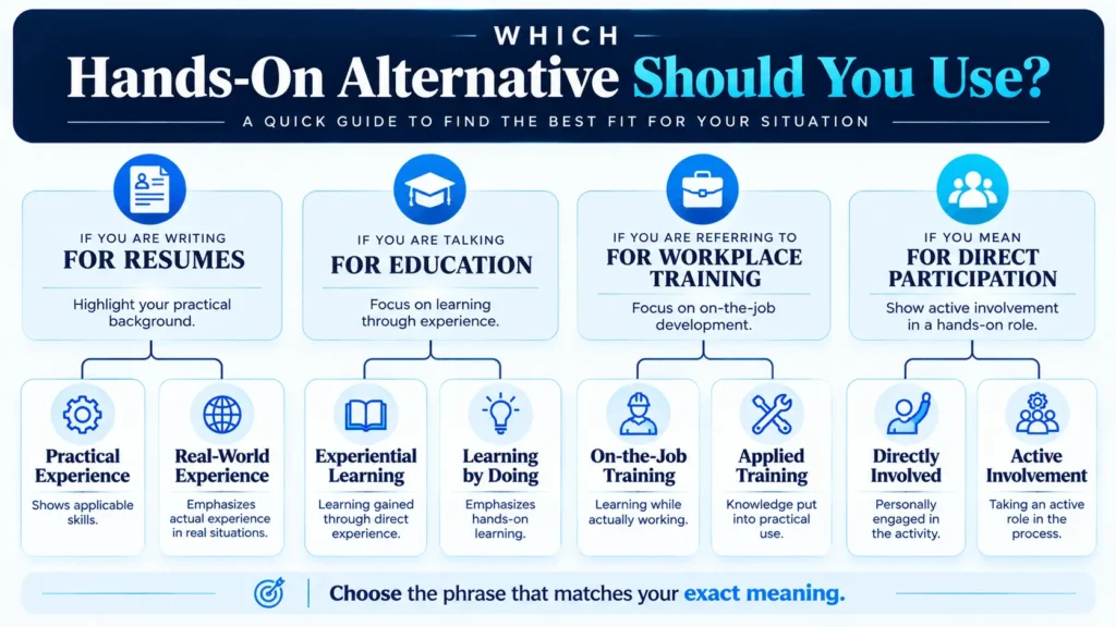 Hands-on alternatives by context for resumes, workplace training, education, and direct participation