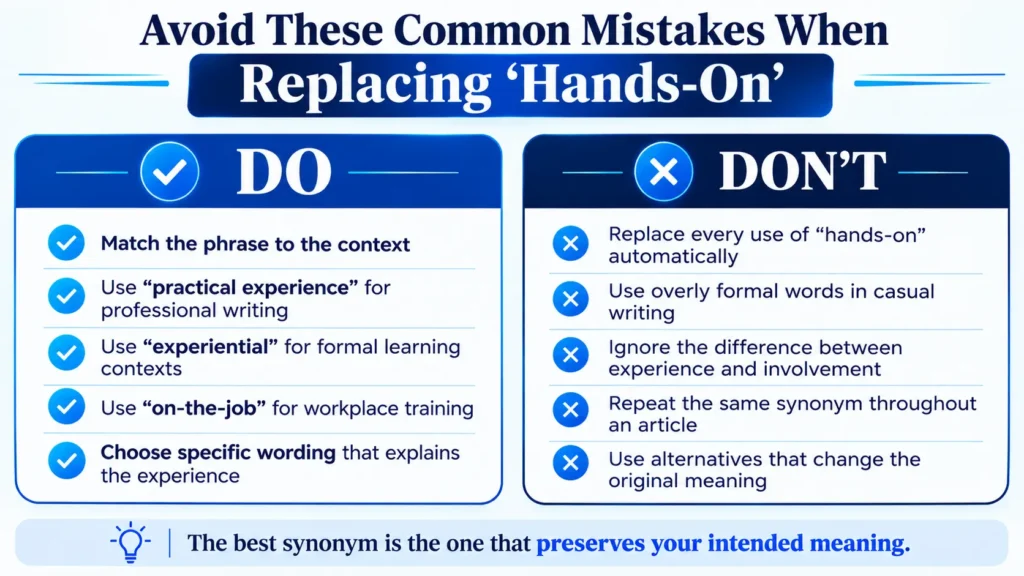 Dos and don'ts for choosing alternatives to hands-on in professional, educational, and casual writing