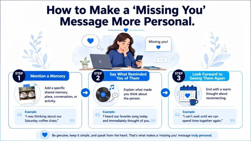 Step-by-step infographic showing how to write a personal and meaningful message when you miss someone.