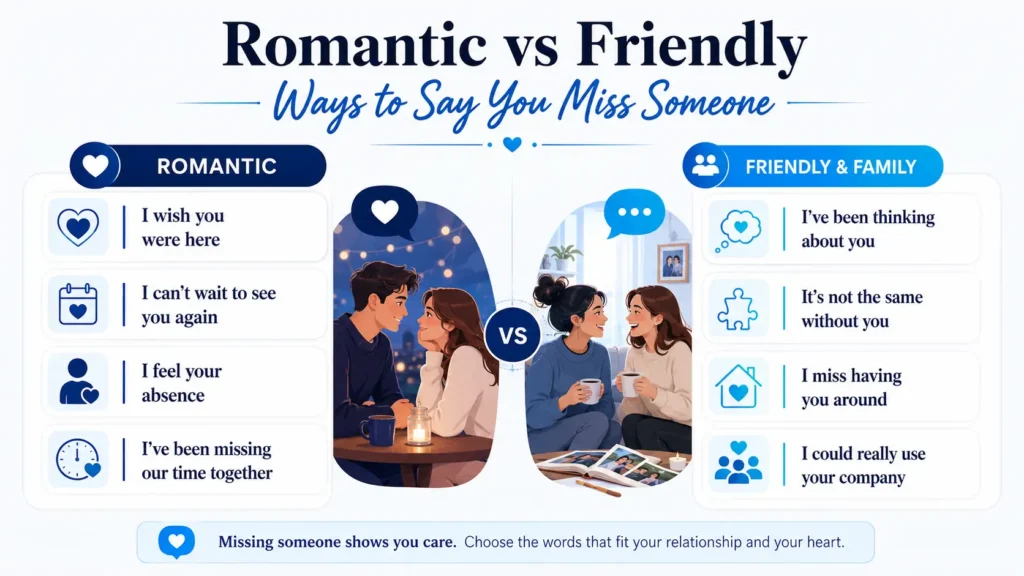 Infographic comparing romantic and friendly ways to say you miss someone.