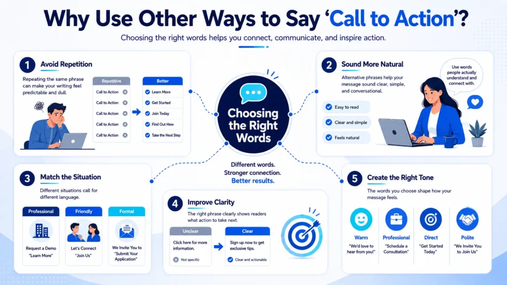Infographic explaining why using another way to say call to action can improve clarity, tone, and communication.