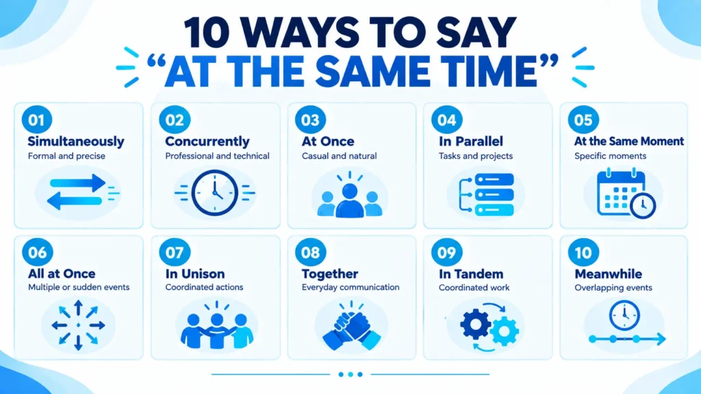 10 alternatives to say at the same time including simultaneously, concurrently, at once, and in parallel