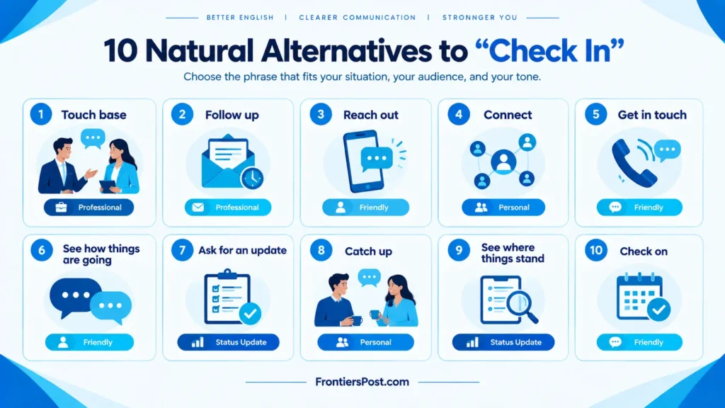 10 natural alternatives to check in including touch base follow up and reach out