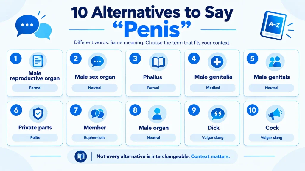 Ten alternatives to say penis with tone and usage context