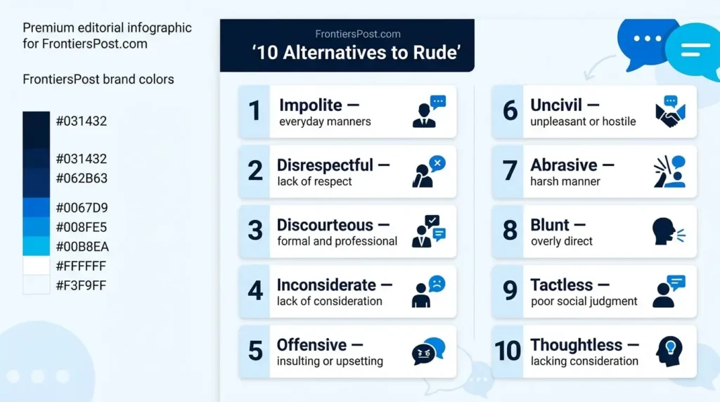 10 alternatives to rude including impolite, disrespectful, discourteous, and tactless