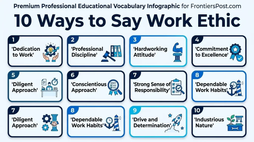 Ten alternative phrases for work ethic including dedication to work, professional discipline, and commitment to excellence