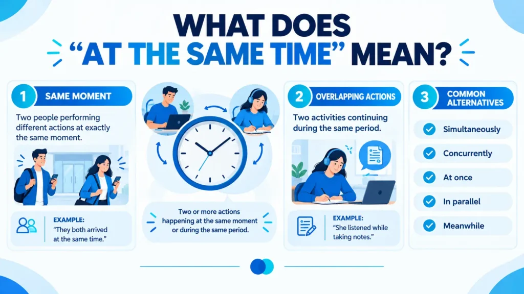 Infographic explaining the meaning of another way to say at the same time with examples of simultaneous actions