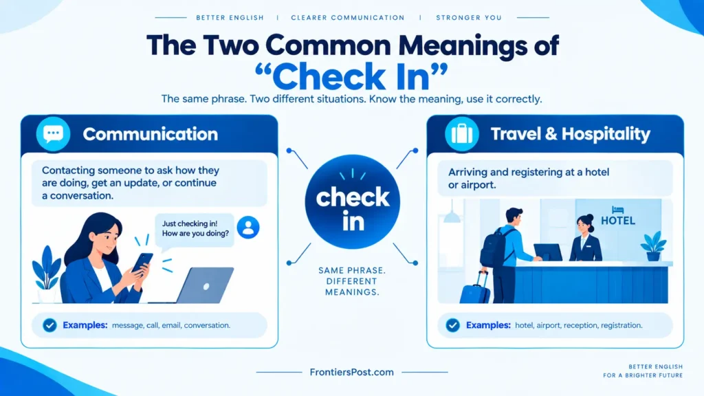 Infographic explaining the two meanings of check in in communication and travel