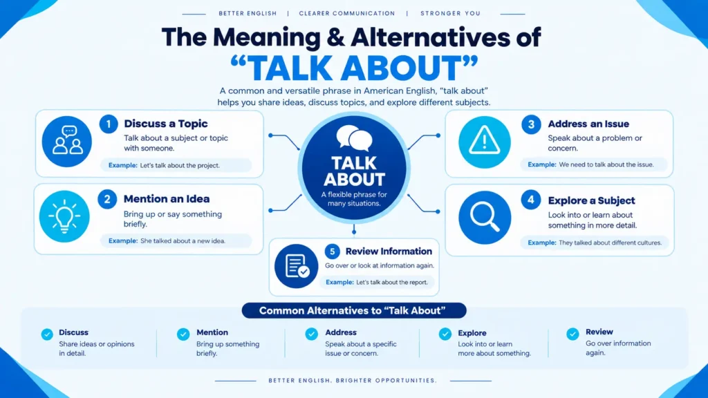 Infographic explaining the meaning and uses of talk about and its alternatives