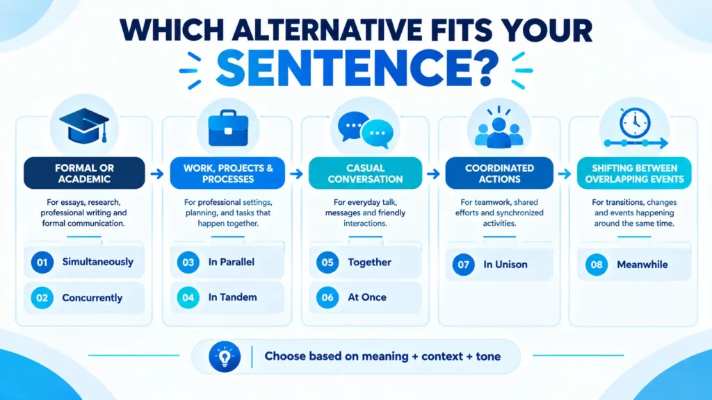 Comparison guide showing when to use different alternatives to at the same time based on tone and context