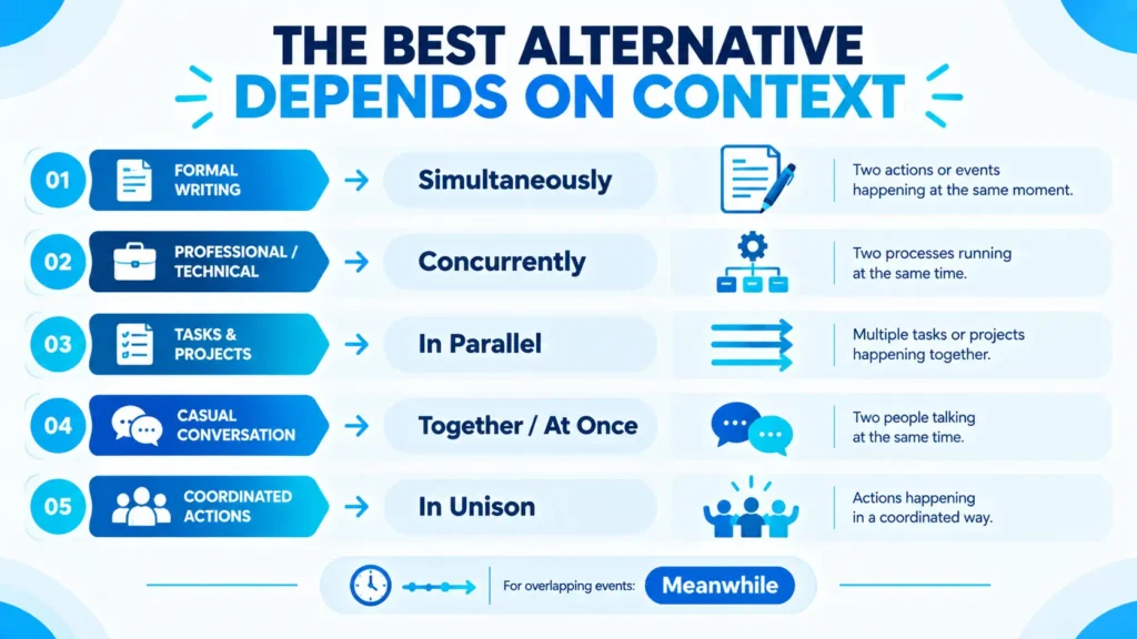 Quick reference guide for choosing another way to say at the same time in formal, casual, and professional writing