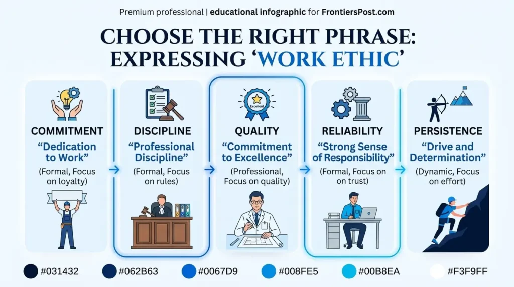 Comparison of phrases used to describe work ethic including dedication, discipline, quality, reliability, and persistence