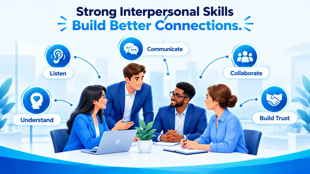 Professionals demonstrating communication, listening, collaboration, understanding, and trust as interpersonal skills