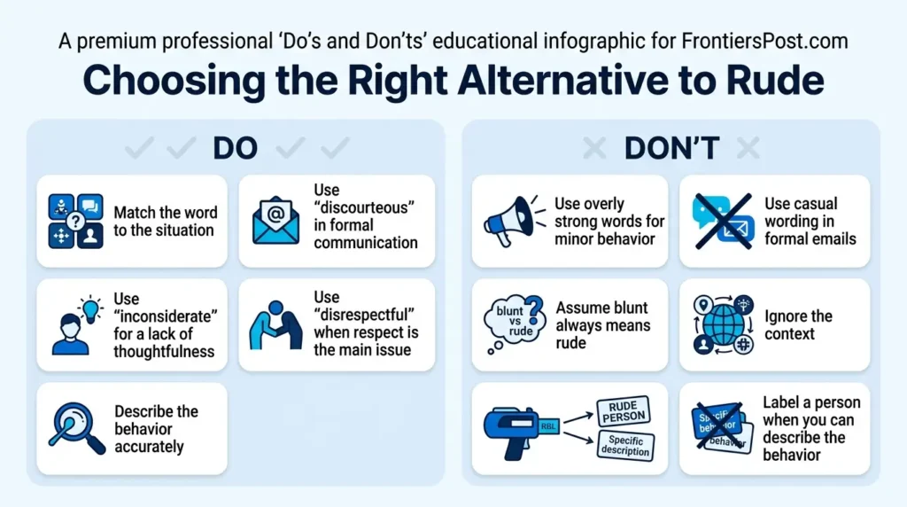 Do and don't guide for choosing polite alternatives to the word rude