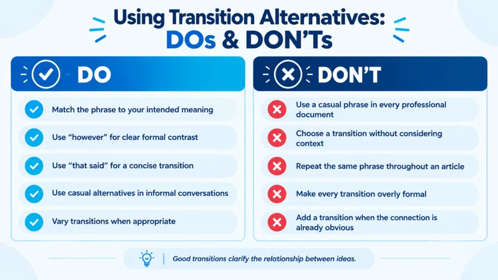 Dos and don’ts for using alternatives to with this being said