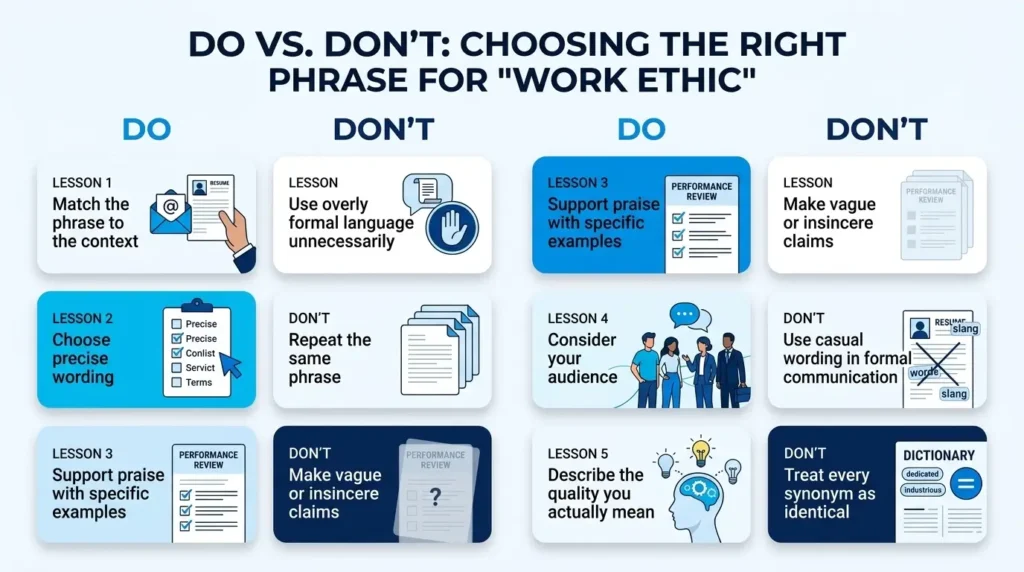 Do and don't guide showing common mistakes when using alternatives to work ethic