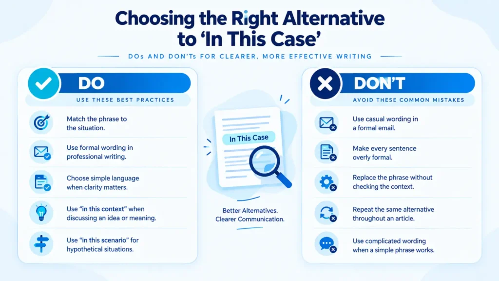 Dos and don'ts for choosing alternatives to in this case in professional writing