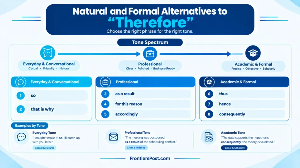 Visual guide comparing formal and natural alternatives to therefore