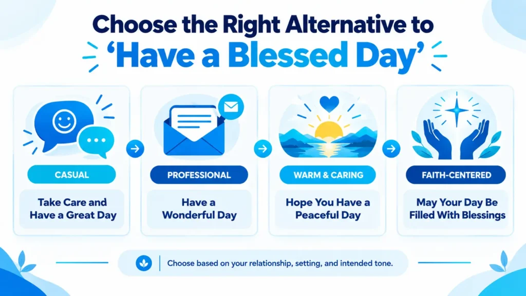 Tone guide comparing alternatives to have a blessed day by casual, professional, warm, and faith-based use