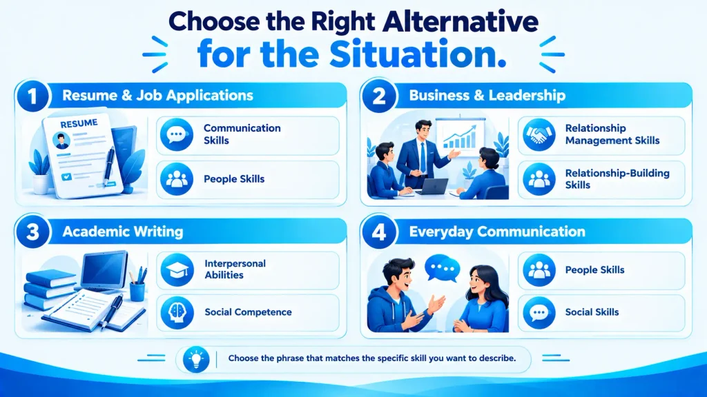 Comparison infographic showing interpersonal skills alternatives for resumes, business, academic writing, and everyday communication