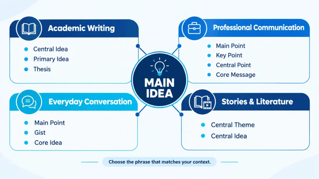 Main idea alternatives for academic, professional, everyday, and literary contexts