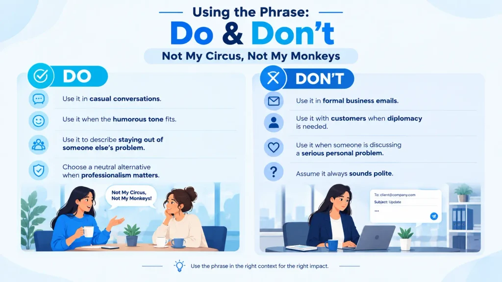 Common mistakes when using not my circus not my monkeys in conversation