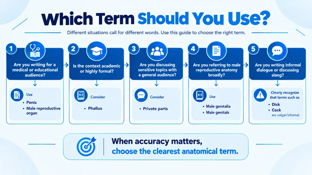 Context guide showing which alternative to penis fits formal, medical, polite, and casual writing