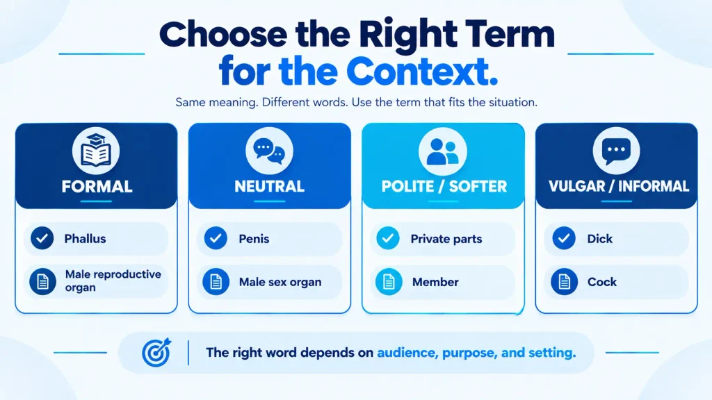 Comparison of formal, neutral, polite, and casual alternatives to the word penis