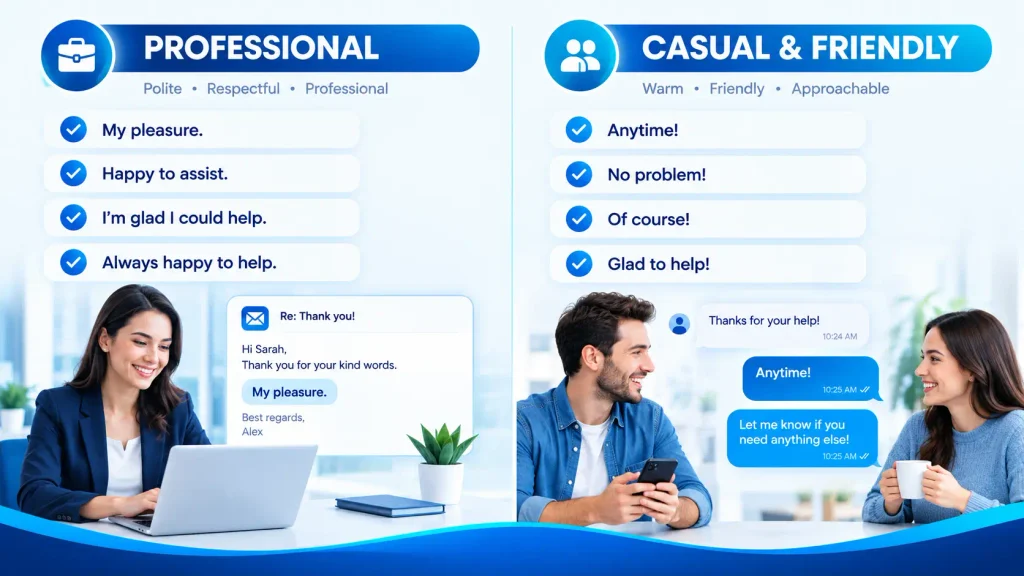 Professional and casual alternatives to happy to help with example phrases