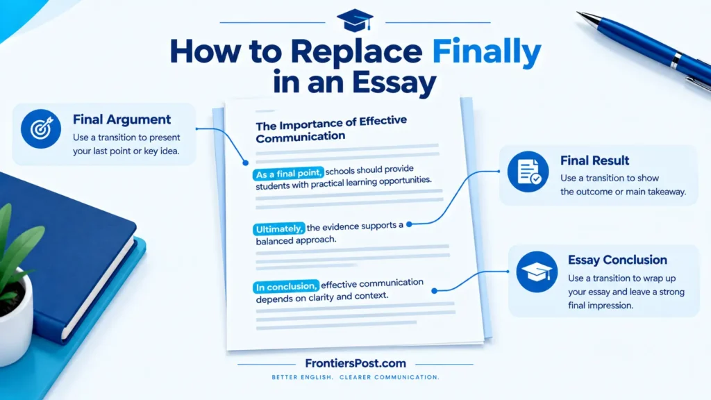 examples of replacing finally in an essay with academic transitions