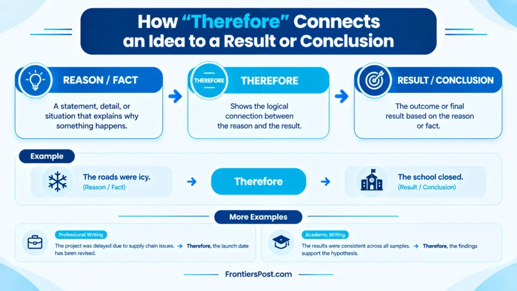 Infographic showing how therefore connects a reason to a result or conclusion