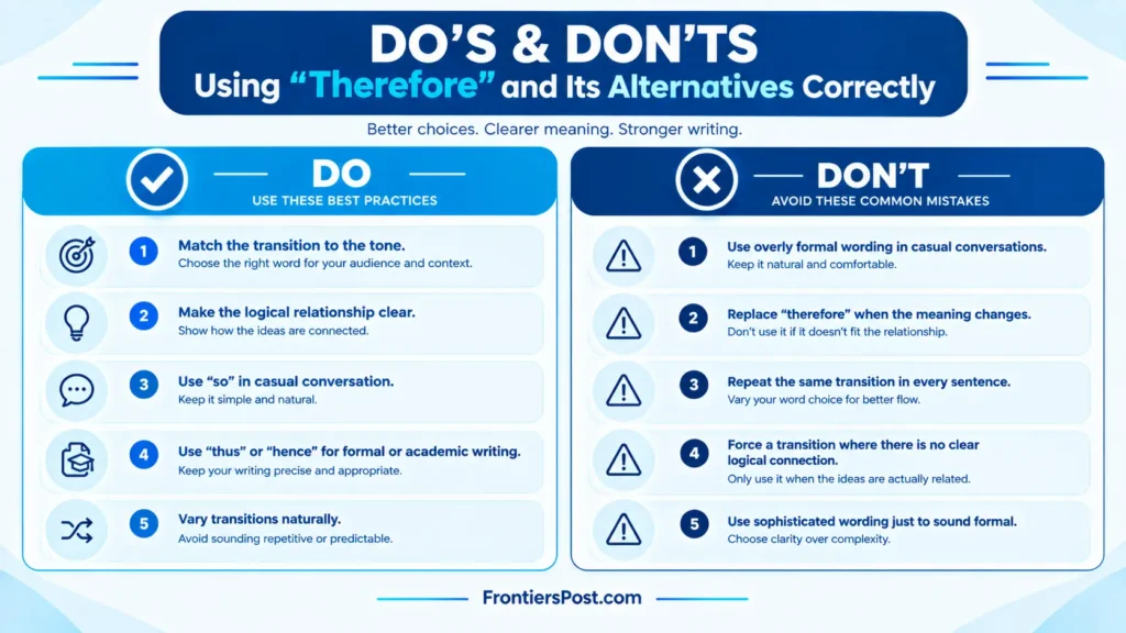 Do’s and don’ts for using therefore and its alternatives correctly