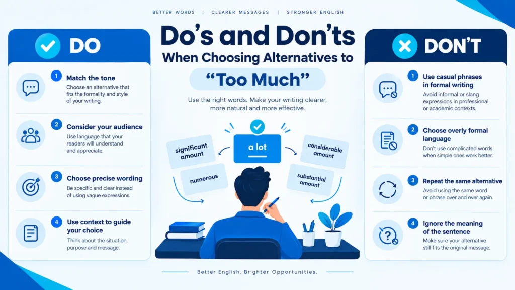 Do’s and don’ts for choosing natural alternatives to too much in different writing contexts