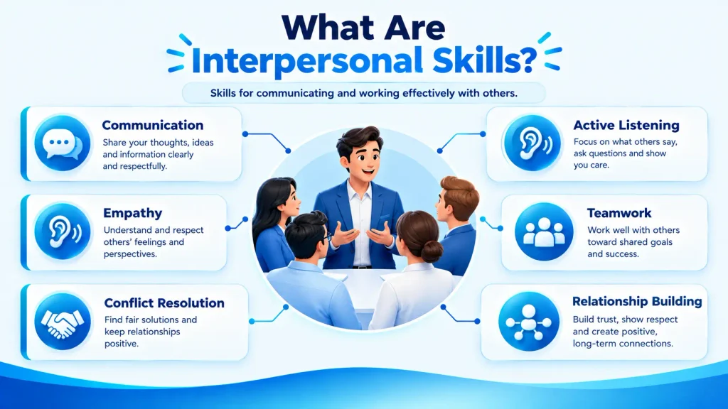 Infographic showing key interpersonal skills including communication, active listening, empathy, teamwork, and conflict resolution