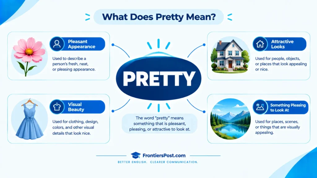 Infographic explaining the meaning and common uses of the word pretty