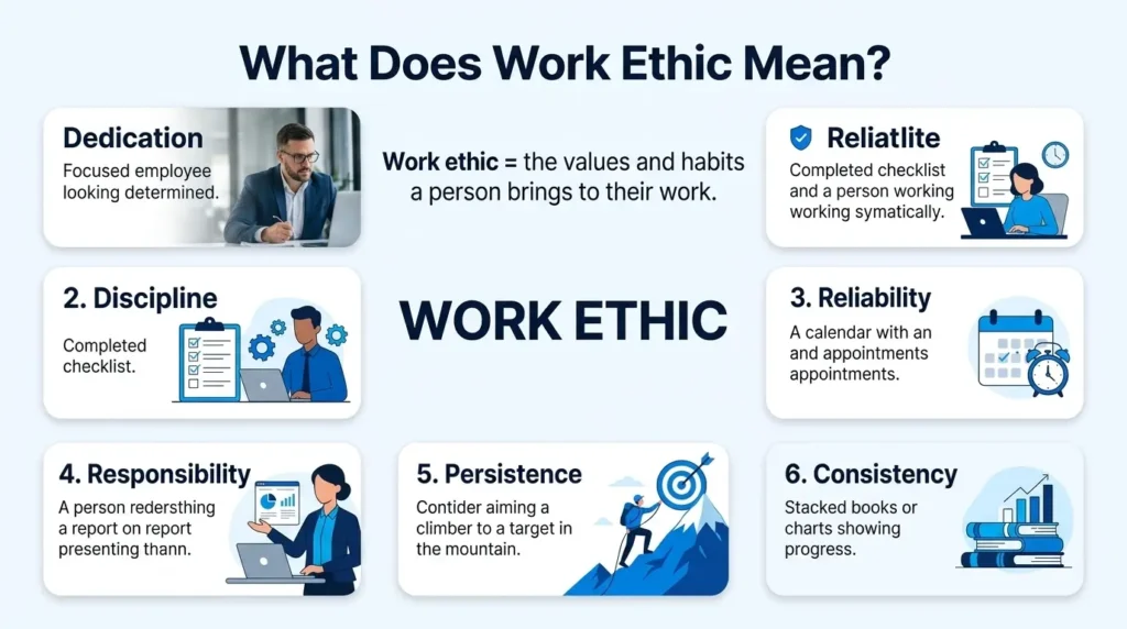 Infographic explaining work ethic through dedication, discipline, reliability, responsibility, persistence, and consistency