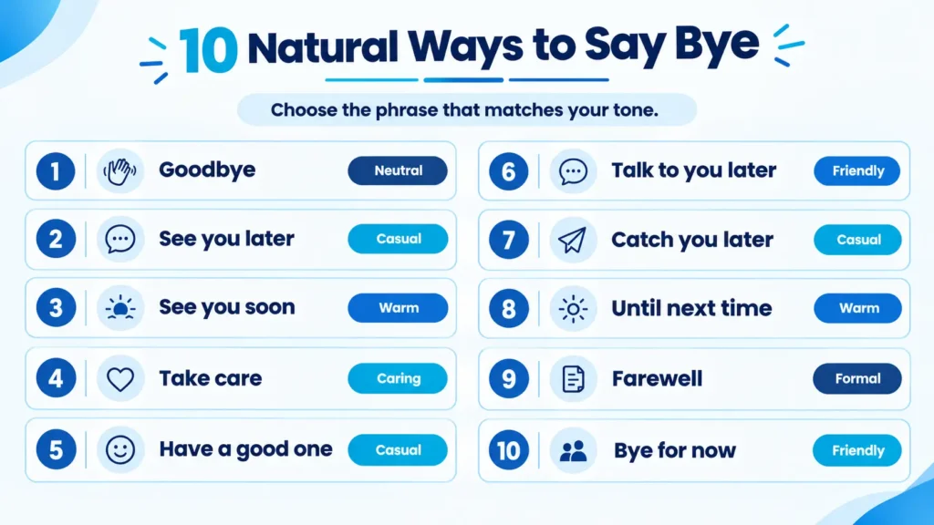 10 alternatives to say bye in casual, friendly, warm, and formal situations