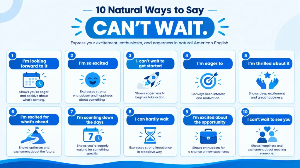Infographic showing alternatives to can't wait, including looking forward to it, excited, and eager to.
