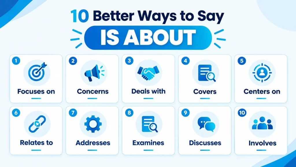 Infographic showing 10 alternatives to “is about,” including focuses on, concerns, deals with, and examines.