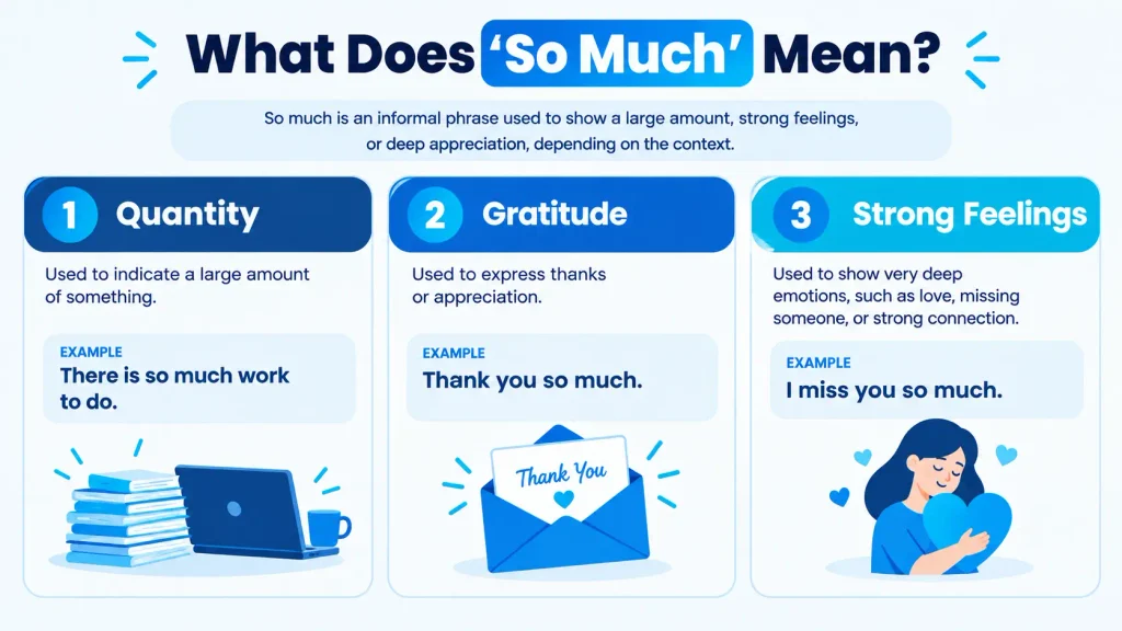 Infographic showing how “so much” expresses quantity, gratitude, and strong feelings.
