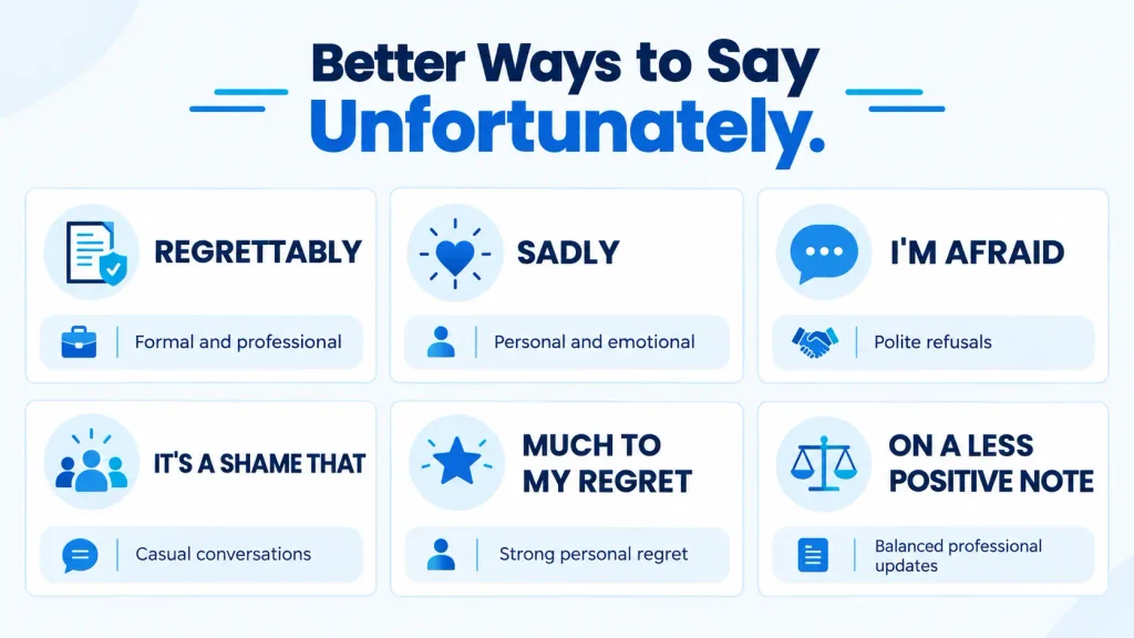 Infographic showing alternatives to unfortunately, including regrettably, sadly, and I'm afraid.