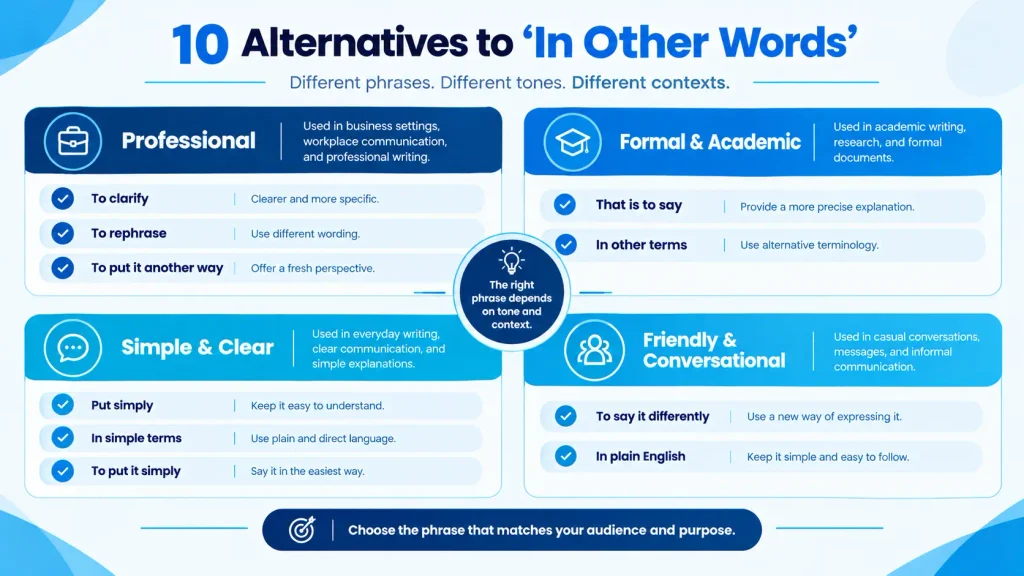 Best alternatives to in other words for professional formal casual and academic writing