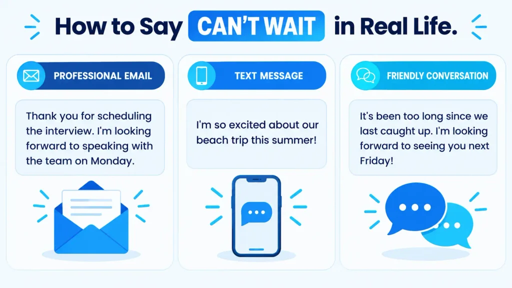 Examples of how to express excitement instead of can't wait in professional emails, text messages, and conversations.