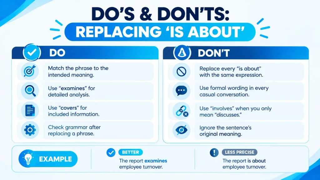 English writing do’s and don’ts showing how to choose accurate alternatives to “is about” without changing sentence meaning.