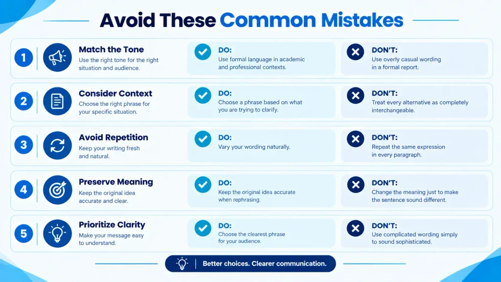 Common mistakes when using alternatives to in other words